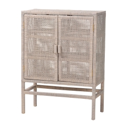 bali & pari Vivan Natural Rattan Storage Cabinet - 3-Tier Handwoven Wicker Accent Cabinet with Double Doors and Elevated Base, French Grey